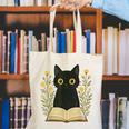 Cat Reading Book Flowers Canvas Tote Bag