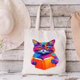 Cat Book Shirt Colorful Cat Reading Book Canvas Tote Bag