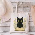 Cat Reading Book Flowers Canvas Tote Bag