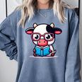 Adorable Book Lover Cow With Reading Glasses Cute Comfort Colors Sweatshirt Denim