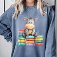 Adorable Donkey With Heart Sitting On Colorful Book Stack Comfort Colors Sweatshirt Denim Adorable Donkey With Heart Sitting On Colorful Book Stack Comfort Colors Sweatshirt Denim