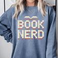 Book Nerd Retro Pixel Reading Librarian Aesthetic Comfort Colors Sweatshirt Denim