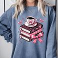 All Booked For Valentine's Teacher Coquette Bow Coffee Book Comfort Colors Sweatshirt Denim