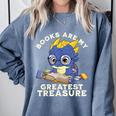 Books Are My Greatest Treasure Kawaii Dragon Reading Books Comfort Colors Sweatshirt Denim