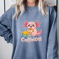 Caffelotl Cute Axolotl Pun Coffee Book Lover Kawaii Humor Comfort Colors Sweatshirt Denim