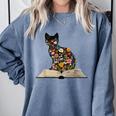 Cat Book Flowers Comfort Colors Sweatshirt Denim