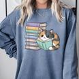 Cat On Books Pets Cats Reading Book Nerd Read Reader Bookcat Comfort Colors Sweatshirt Denim