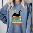 Cat And Books Retro Midcentury Mid Century Aesthetic Comfort Colors Sweatshirt Denim