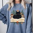 Cat On Open Book Mushrooms Ferns Dark Academia Comfort Colors Sweatshirt Denim