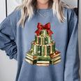 Christmas Book Tree Coquette Bow Xmas Reading Librarian Girl Comfort Colors Sweatshirt Denim