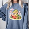 Crocodile Reading Book Watercolor Flowers Kids Comfort Colors Sweatshirt Denim