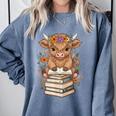 Cute Baby Highland Cow Reading Book Librarian Bookworm Comfort Colors Sweatshirt Denim