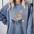 Cute Cat Reading Books With Tea Comfort Colors Sweatshirt Denim Cute Cat Reading Books With Tea Comfort Colors Sweatshirt Denim