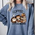 Cute Coffee Cats Books Lover Idea Women Men Kids Comfort Colors Sweatshirt Denim