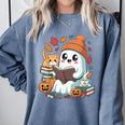 Cute Cozy Ghost Reading With Cat Book Lover Autumn Fall Comfort Colors Sweatshirt Denim Cute Cozy Ghost Reading With Cat Book Lover Autumn Fall Comfort Colors Sweatshirt Denim