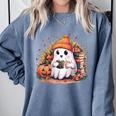 Cute Ghost Drinking Coffee Halloween Reading Book Retro Comfort Colors Sweatshirt Denim