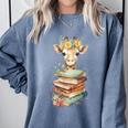 Cute Giraffe With Book Floral Bookworm Librarian Book Lover Comfort Colors Sweatshirt Denim