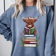 Cute Highland Cow With Book Floral Bookworm Librarian Book Comfort Colors Sweatshirt Denim