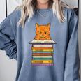 Cute Orange Tabby Cat Reading On Pile Of Books Comfort Colors Sweatshirt Denim