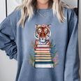 Cute Tiger With Book Floral Bookworm Librarian Book Lover Comfort Colors Sweatshirt Denim