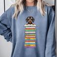 Cute Wiener Dog Dachshund Reading On Pile Of Books Comfort Colors Sweatshirt Denim