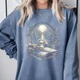 Duck Reading Book Full Moon Lake Scenery Comfort Colors Sweatshirt Denim