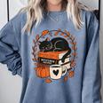 Fall Book Teacher Cat Books Halloween Autumn Librarian Comfort Colors Sweatshirt Denim