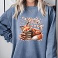Fox And Book Lover Graphic For Women And Spring Pink Flower Comfort Colors Sweatshirt Denim
