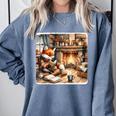 Fox Reads By Fireplace In Cabin Rustic Book Cozy Cup Tea Comfort Colors Sweatshirt Denim