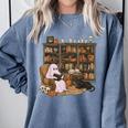 Ghost Reading Book Cat Lover Halloween Reading Enthusiast Comfort Colors Sweatshirt Denim