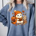 Halloween Ghost Reading Book Lovers Coffee Girl Women Comfort Colors Sweatshirt Denim
