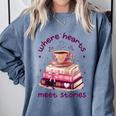 Where Hearts Groovy Meet Stories Coffee Books Valentines Day Comfort Colors Sweatshirt Denim