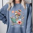 Just A Girl Who Loves Books Messy Bun Book Skeleton Bookworm Comfort Colors Sweatshirt Denim
