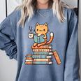 Kawaii Cat Coffee Books Teacher Men Women Girls Kids Comfort Colors Sweatshirt Denim