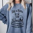 Life Is Better With Cats & Books Sphynx Cat Mom Women Comfort Colors Sweatshirt Denim