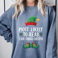 Most Likely To Read A Book Matching Christmas Elf Comfort Colors Sweatshirt Denim