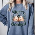 Merry And Booked Holiday Reading Winter Book Lover Premium Tri-Blend Comfort Colors Sweatshirt Denim