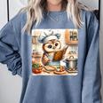 Owl Learning To Cook With Cookbook Chef Apron Stove Cooking Comfort Colors Sweatshirt Denim