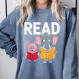 Pig Elephant Reading Cute Book Lover Bookworm Boys Girls Kid Comfort Colors Sweatshirt Denim