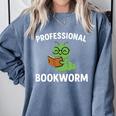 Professional Bookworm Reading Lover Cute Worm Glasses Book Comfort Colors Sweatshirt Denim