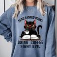 Read Banned Books Drink Coffee Fight Evil Retro Cat Comfort Colors Sweatshirt Denim