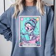 The Reader Retro Reading Skeleton Books Flowers Tarot Card Comfort Colors Sweatshirt Denim
