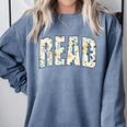 Retro Read Floral Reading Bookworm Librarian Book Lover Comfort Colors Sweatshirt Denim