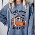 Salem WItch Book Club Halloween Raccoon Witch Reading Book Comfort Colors Sweatshirt Denim