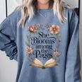 She Blooms Among The Pages Women Mom Wife Floral Book Lover Premium Tri-Blend Comfort Colors Sweatshirt Denim