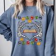 Skeleton Heart Read Reading Book Librarian Halloween Women Comfort Colors Sweatshirt Denim