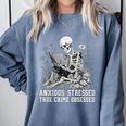 Skeleton Reading Book Anxious Stressed True Crime Obsessed Comfort Colors Sweatshirt Denim