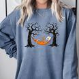 Skeleton Reading Book In Hammock Halloween Reader Comfort Colors Sweatshirt Denim