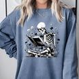 Skeleton Skull Halloween Book Reading Books Lover Teacher Comfort Colors Sweatshirt Denim