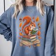Squirrel Reading Book Lovers Fall Leaves Library Books Comfort Colors Sweatshirt Denim